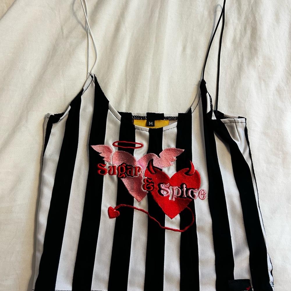O-Mighty Black and White Striped Top with Red Heart